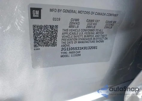 2019 Chevrolet Impala Premier из США, поврежденный, VIN 2G1105S31K9132081